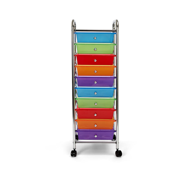Front view of multi-color 10 drawer organizer cart on white background