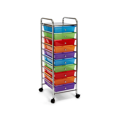 Angled view of Multi-Drawer 10-Drawer Organizer Cart on white background