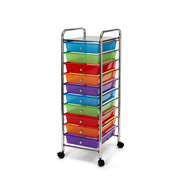 Angled view of Multi-Drawer 10-Drawer Organizer Cart on white background