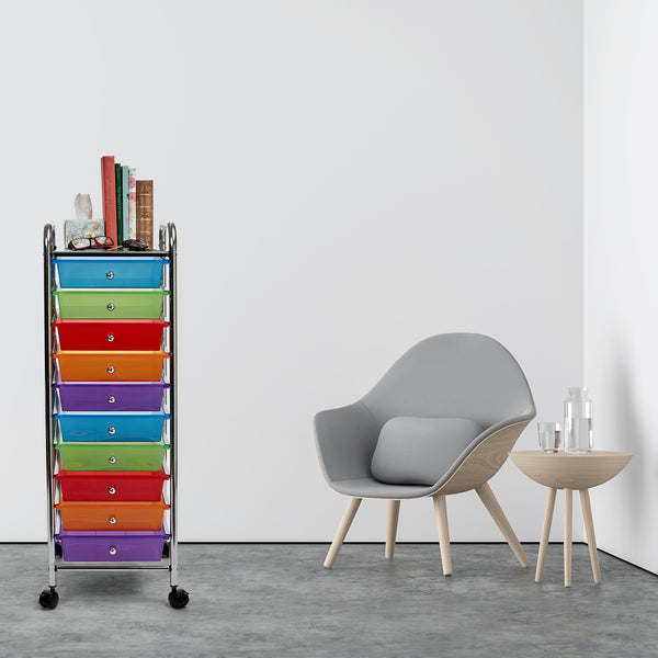 Multi-Color 10-Drawer Organizer Cart next to chair and table
