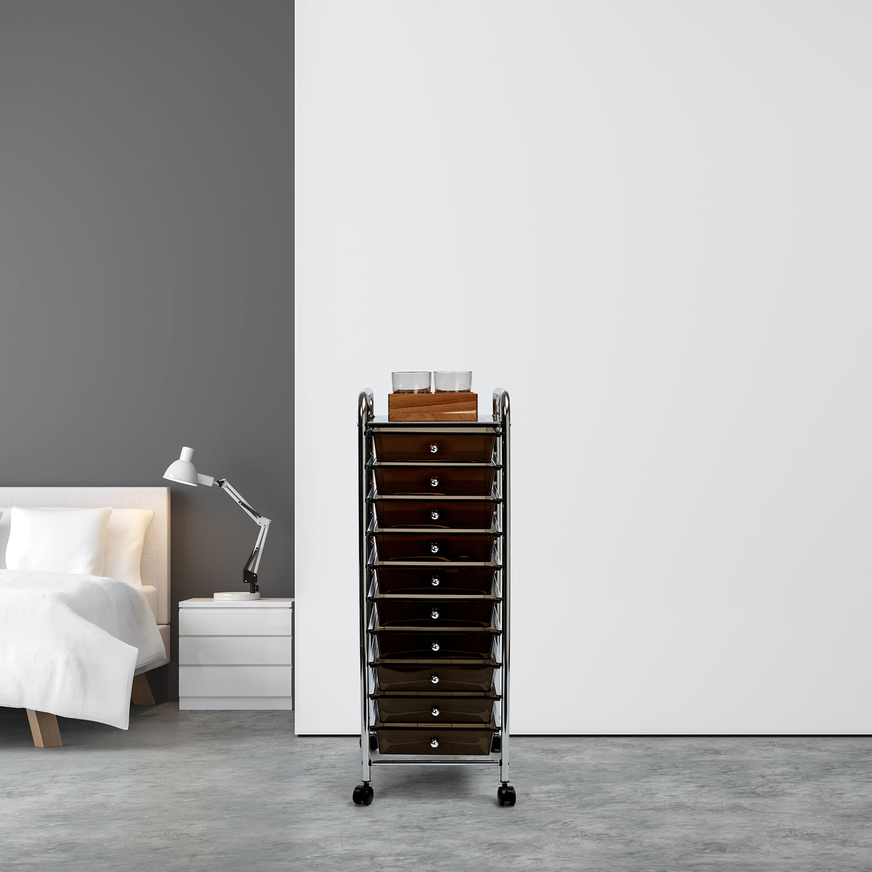 Black 10-Drawer Organizer Cart in bedroom