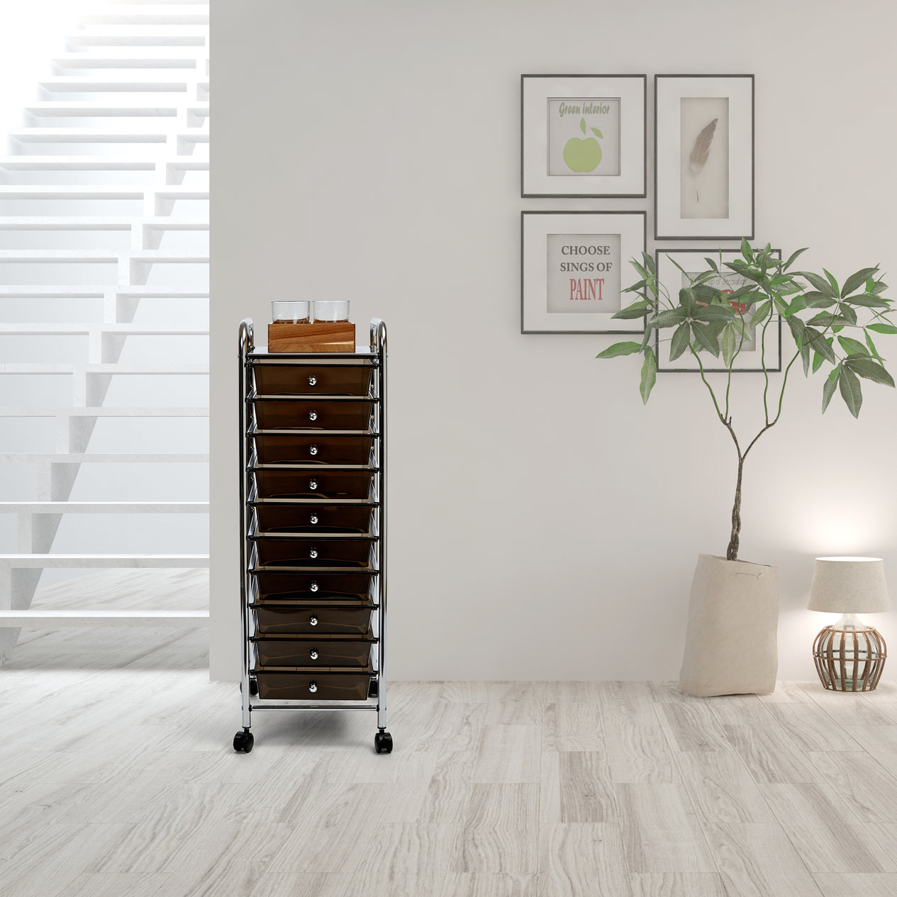 Black 10-Drawer Organizer Cart in hallway