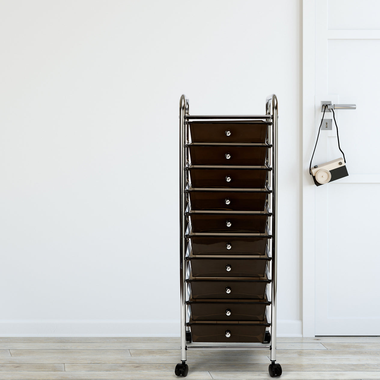 Black 10 Drawer Organizer Cart in entryway