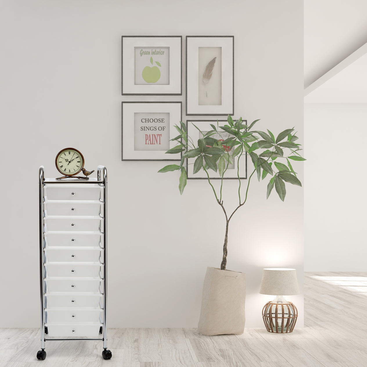 White 10-Drawer Organizer Cart in hallway setting