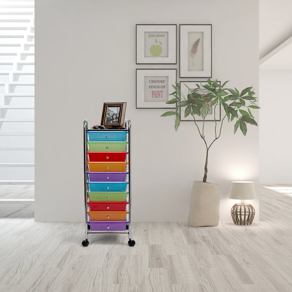 Multi-Color 10-Drawer Organizer Cart in hallway