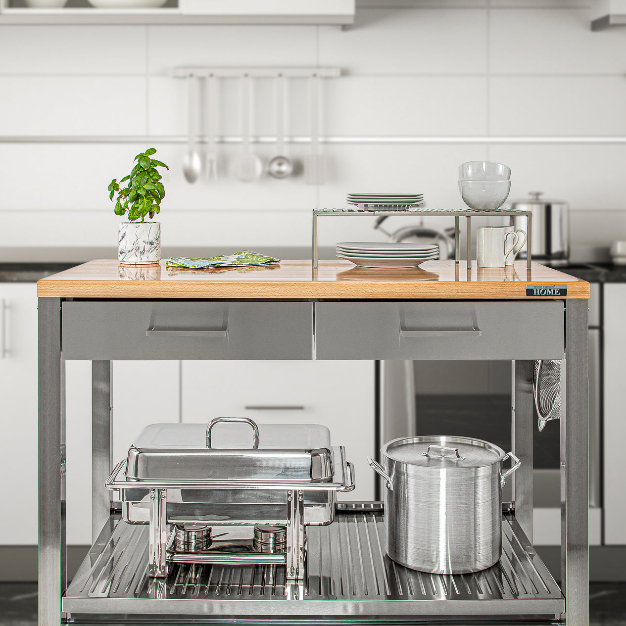 Workcenter propped with stainless steel appliances