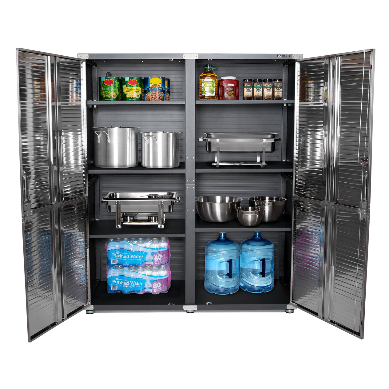 Open doors propped with kitchen supplies