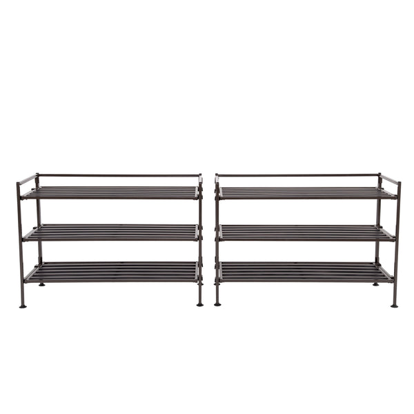 2 shoe racks side by side on white background