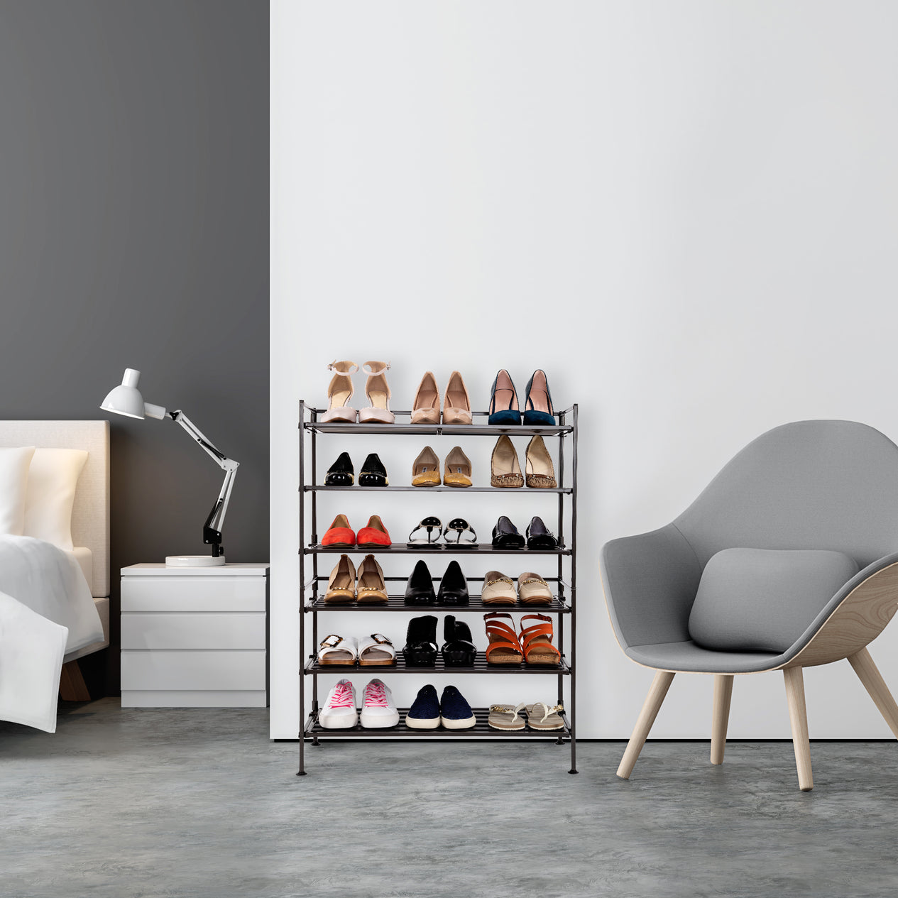 2 shoe racks stacked in bedroom