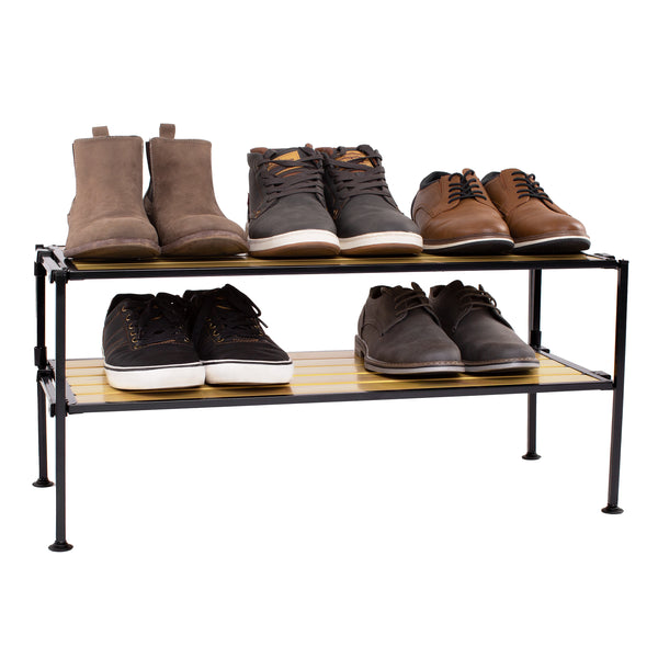 Shoe rack propped with men's shoes