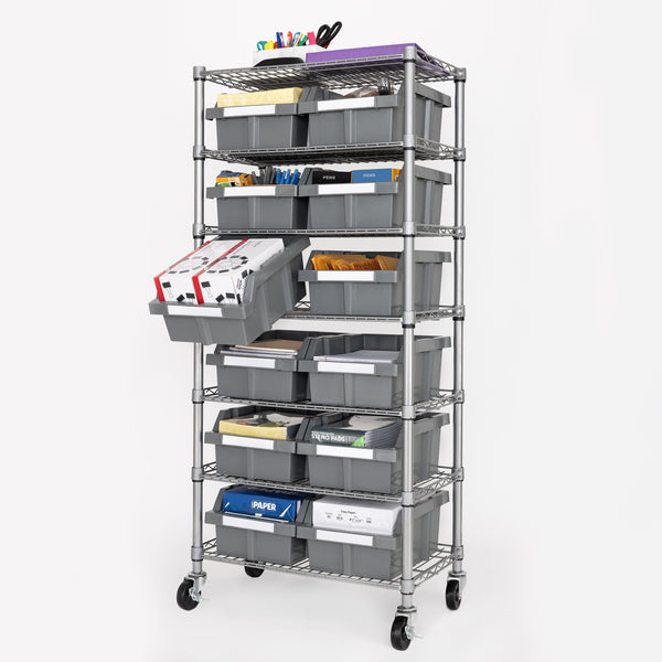 Propped bin rack with office supplies