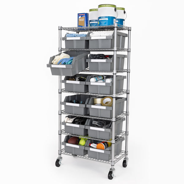 Propped bin rack with supplies