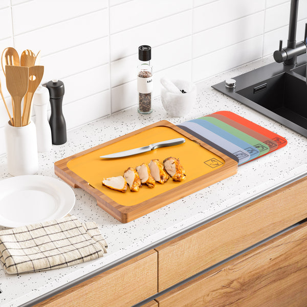 Bamboo Cutting Board w/ 7 Color-Coded Cutting Mats