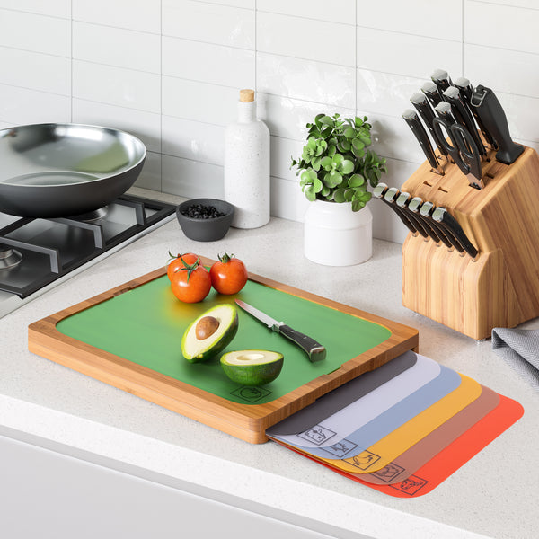 Bamboo Cutting Board w/ 7 Color-Coded Cutting Mats