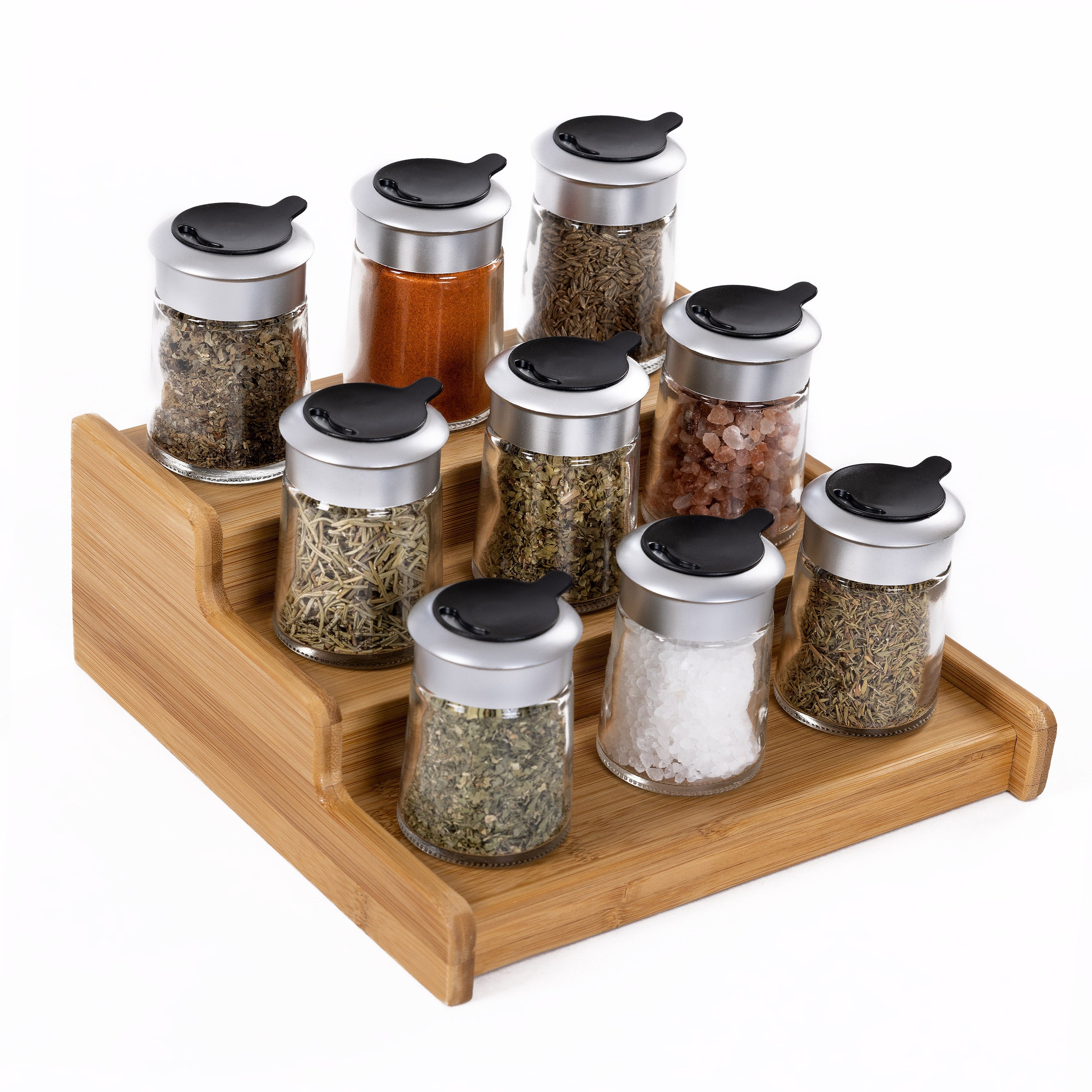 Wooden Spice Glass Jars Organizer - Expandable 3-Tier Shelf