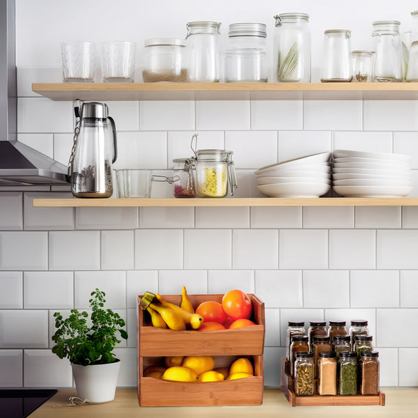 Spice rack propped on kitchen counter