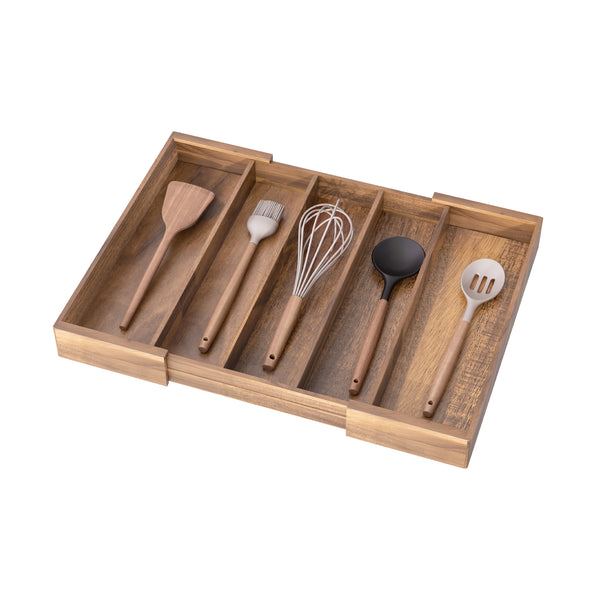 5-Compartment Expandable Acacia Utensil Organizer