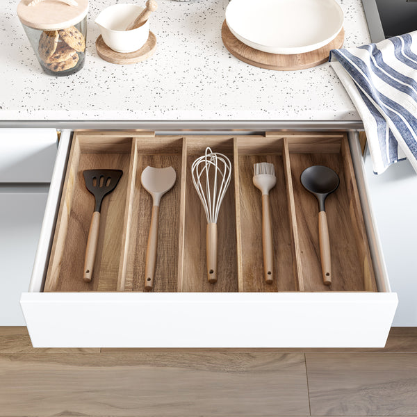 5-Compartment Expandable Acacia Utensil Organizer
