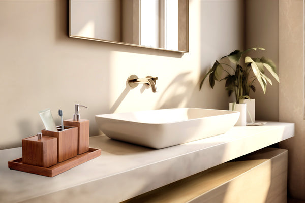 Bamboo bath and vanity set in bathroom