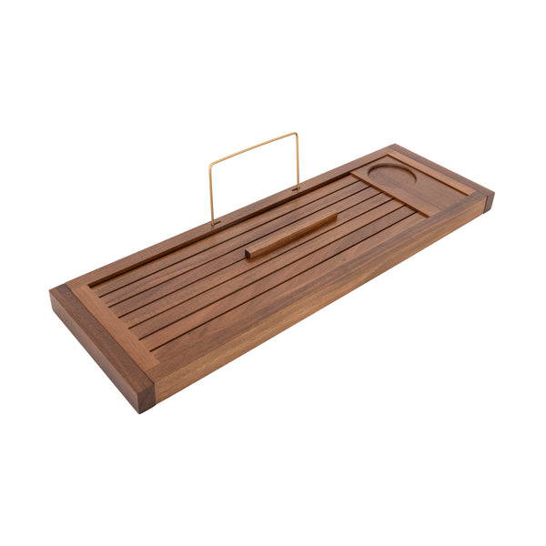A rectangular wooden tray with a slatted top, a small metal handle, and a built-in cup or candle holder, shown on a plain white background.
