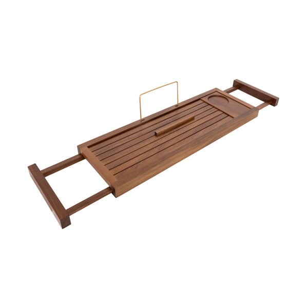 An expandable acacia wood bathtub tray  with small brass-finished wire handle, and a cup or candle holder, shown on a plain white background.