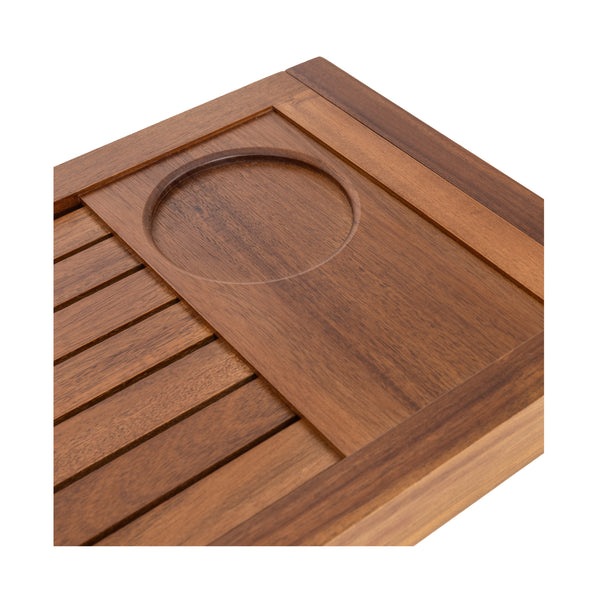 Close-up of a wooden tray with a circular candle or cup holder, shown on a plain white background.