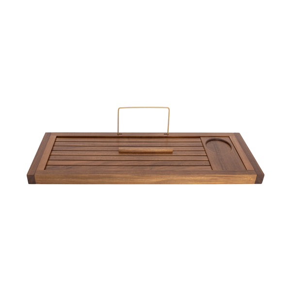 A rectangular wooden bath tray with a cup or candle holder, a small central handle, and a metal book or tablet stand, shown on a plain white background.