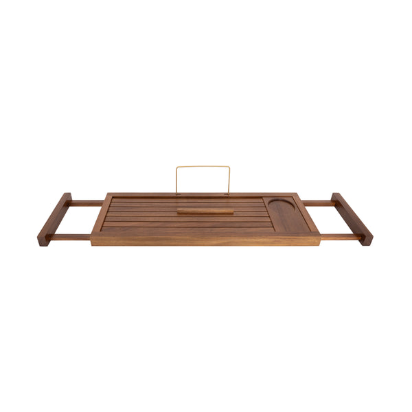 A wooden bath caddy with a slatted tray, integrated book or tablet holder, and shown on a plain white background.