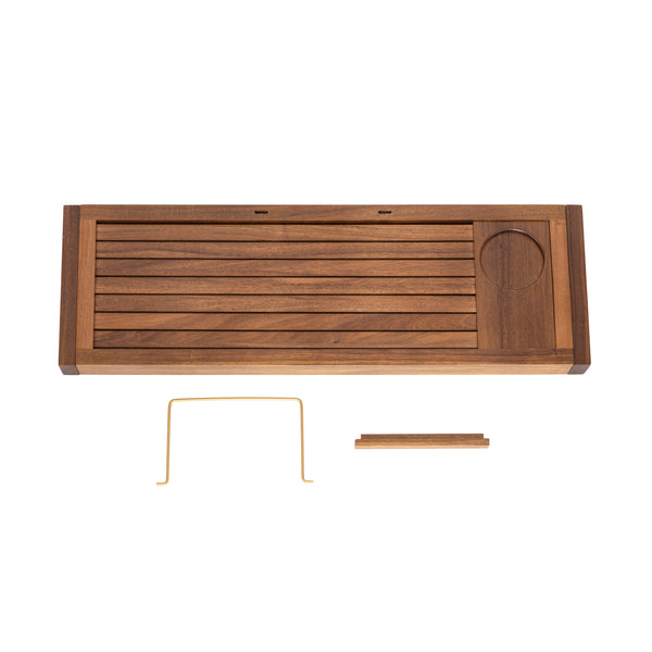 A rectangular wooden tea tray with a slatted top and a circular candle or cup holder, shown on a white background with two small accessories below it.