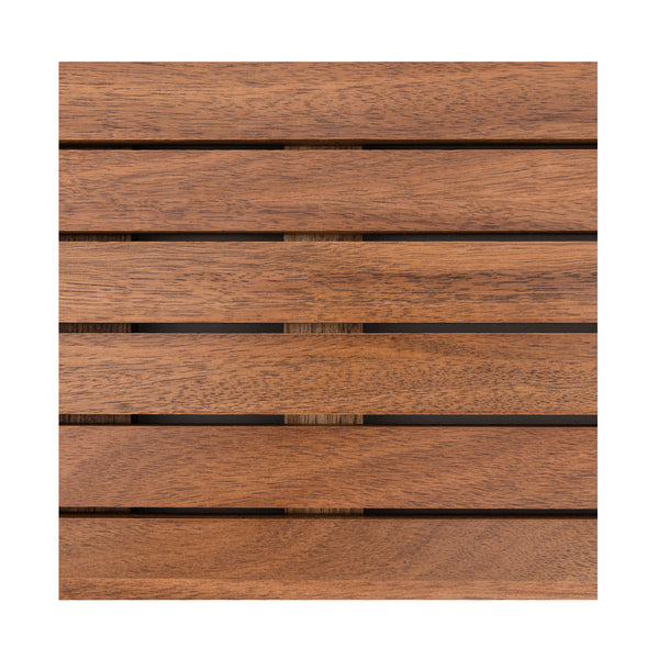 A square sample of medium brown wood slats with visible grain and dark gaps between the horizontal boards, centered on a white background.