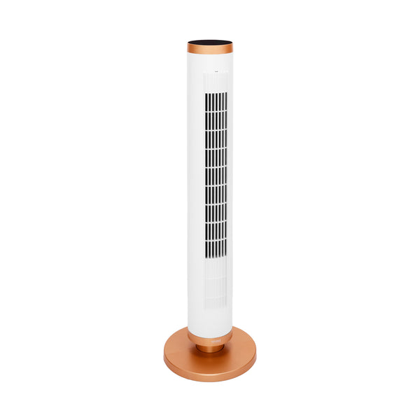 A modern tower fan with a white cylindrical body, black vent grilles, and copper accents on the top and bottom base, shown against a plain white background.