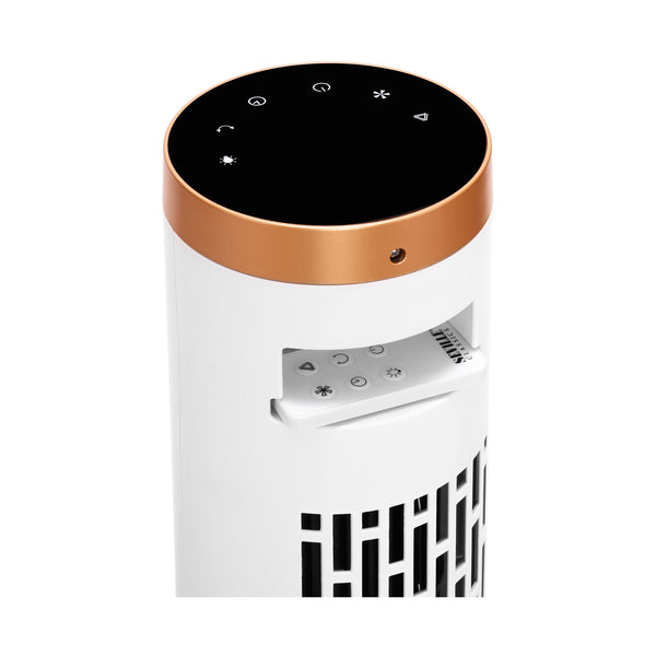 A modern fan in white with a copper top band and a black control panel on the lid, shown against a plain white background.