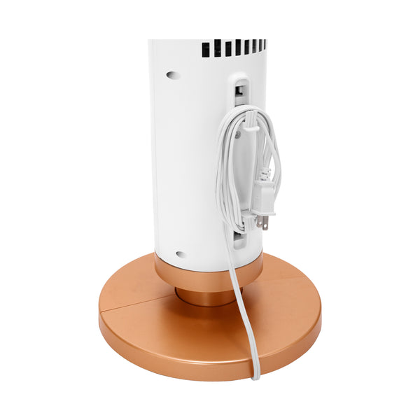 White cylindrical fan base with a copper-colored circular base and a coiled power cord, shown on a plain white background.