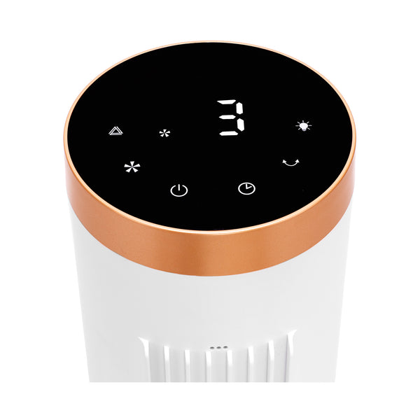 A modern cylindrical device with a white body and a copper band around the top, featuring a black circular control panel with white icons and a digital display showing '3'.