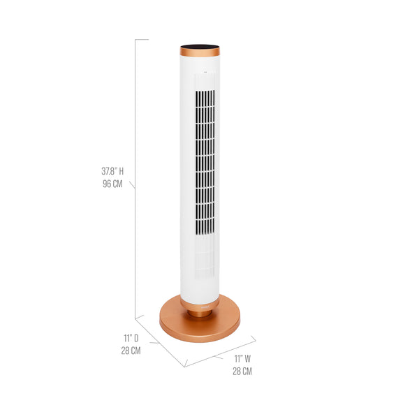 A white tower fan with a copper-colored circular base and top trim, shown on a white background with dimension lines and text indicating 37.8" height, 11" depth, and 11" width.