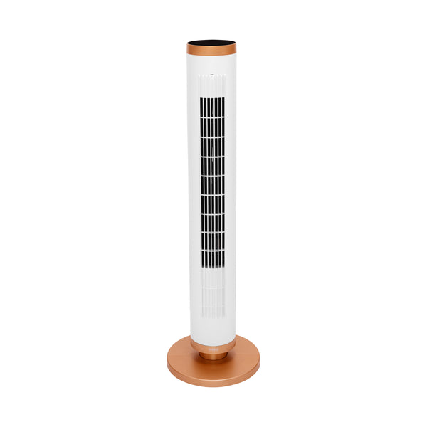 A modern tower fan with a white cylindrical body, black vented grille, and metallic copper-colored base and top accents, shown on a plain white background.