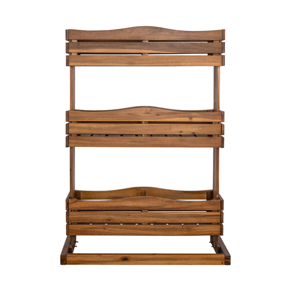 Three tiered acacia planter on a white background