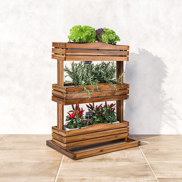 Acacia 3 tiered planter with plants on a tiled floor against a white wall outdoors