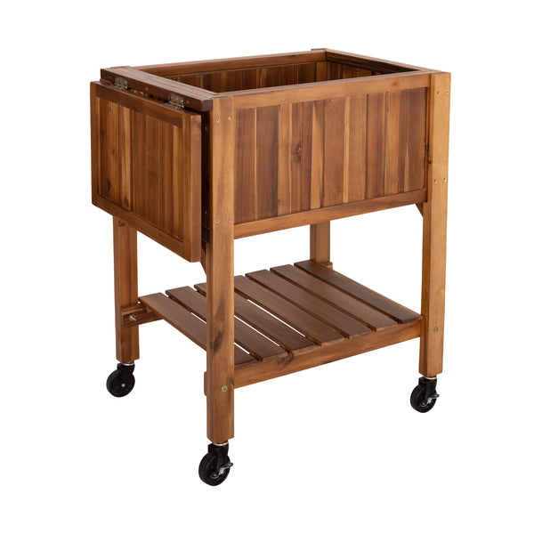 Empty acacia planter with side table folded down on a white background