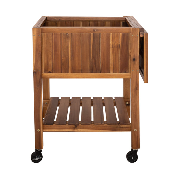 Front view of an empty acacia planter cart on a white background
