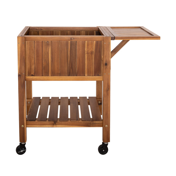 Front view of acacia planter with the side table up on a white background