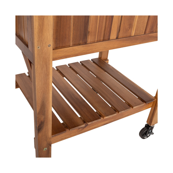 Close up of the bottom shelf of the acacia planter on a white background