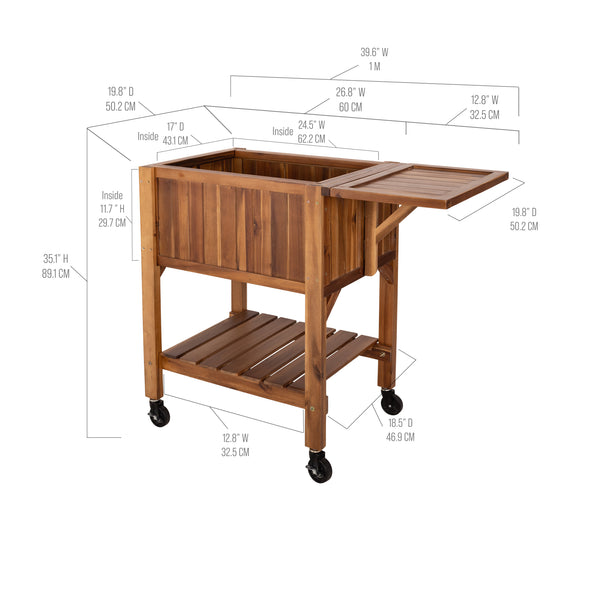 Acacia wooden planter with dimensions labeled on a white background