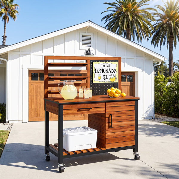 HOME Outdoor Acacia Wood Mobile Potting Bench