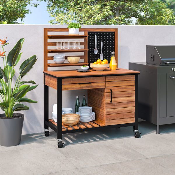 HOME Outdoor Acacia Wood Mobile Potting Bench