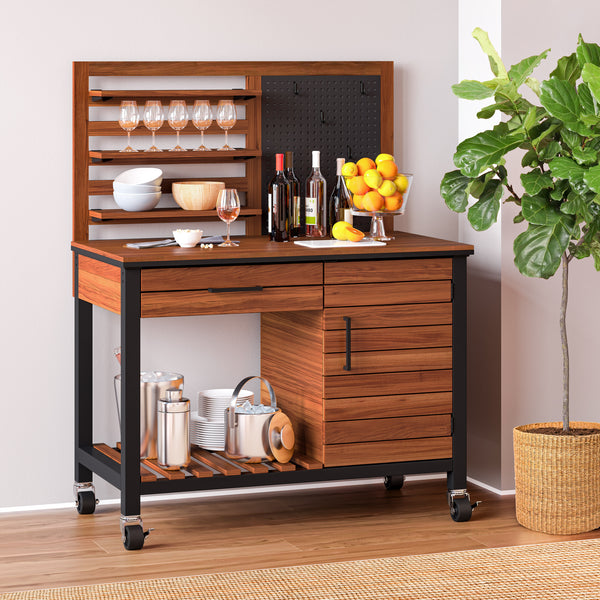 HOME Outdoor Acacia Wood Mobile Potting Bench