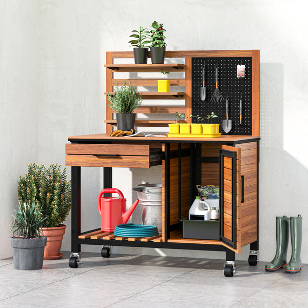 HOME Outdoor Acacia Wood Mobile Potting Bench