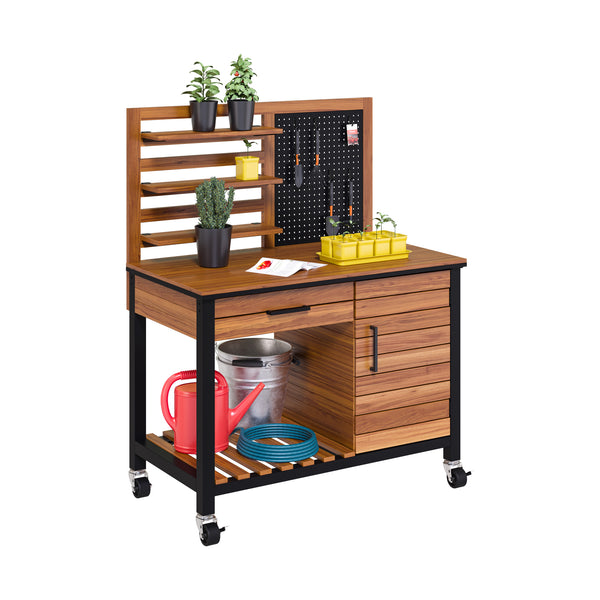 HOME Outdoor Acacia Wood Mobile Potting Bench