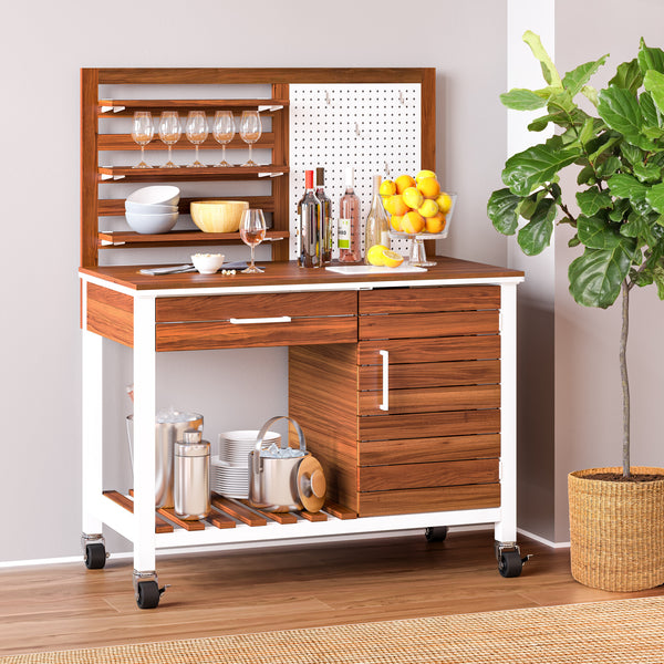 HOME Outdoor Acacia Wood Mobile Potting Bench