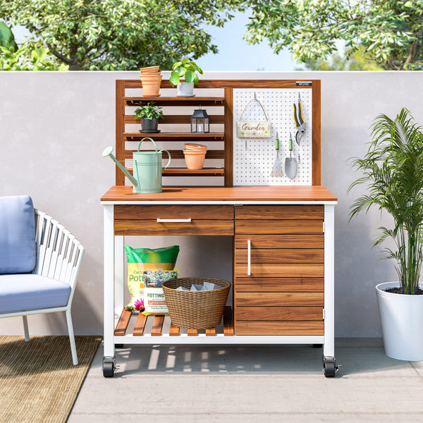 HOME Outdoor Acacia Wood Mobile Potting Bench